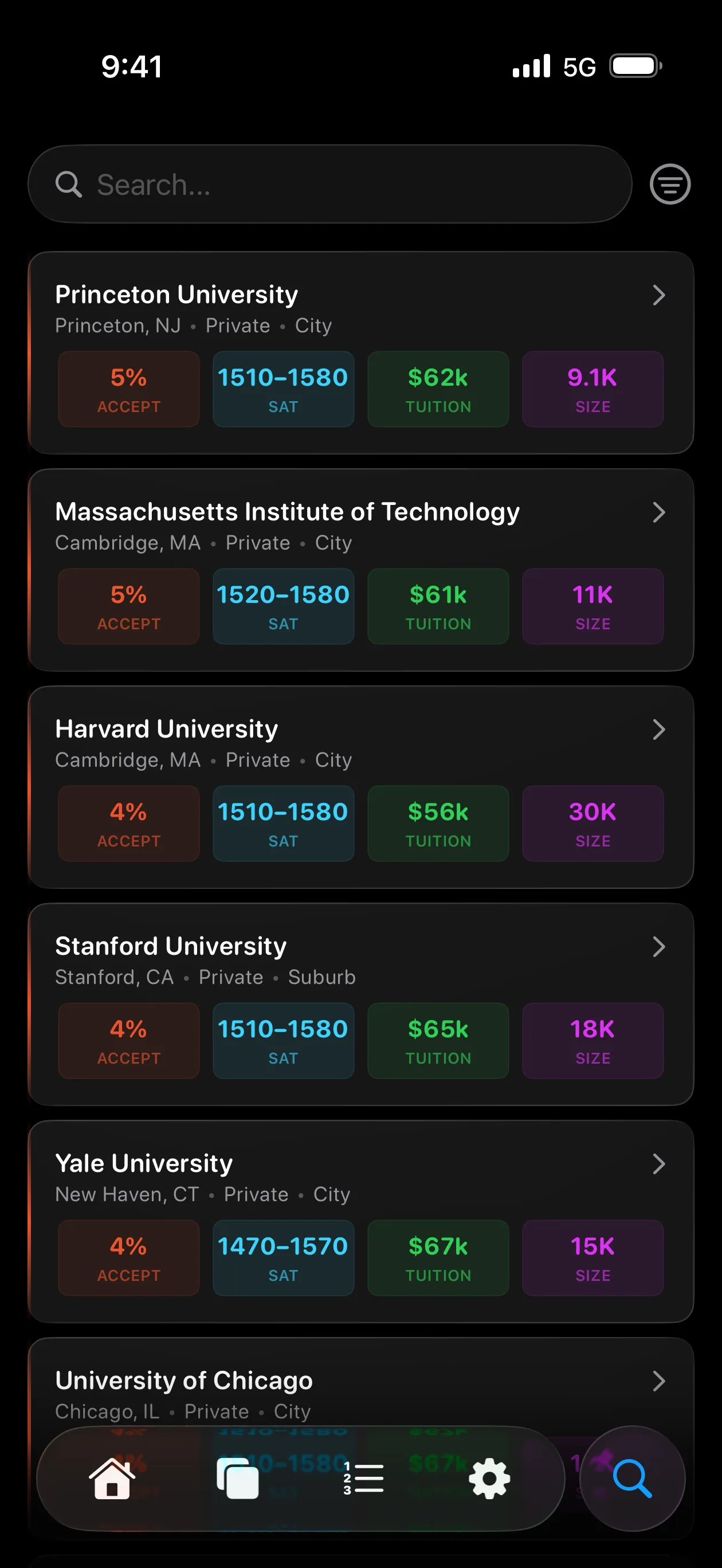Toured app search page with filters for finding colleges by state, size, type, and more